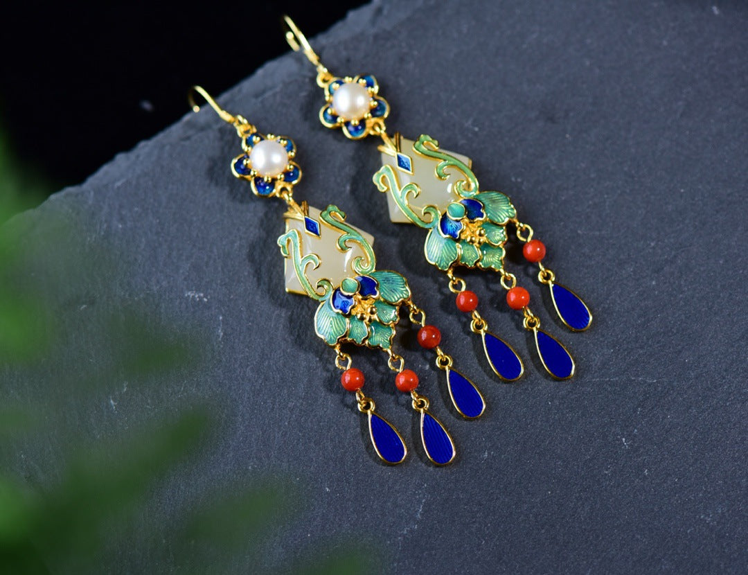 earrings Retro silver inlaid Hetian jade earrings trapezoidal enamel pearl earrings S925 silver ear hooks