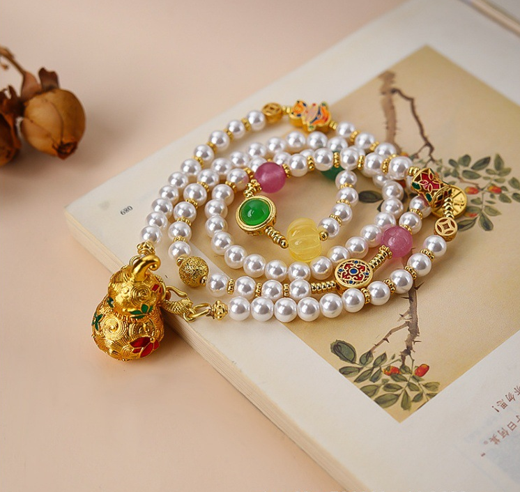 Explosive Sand Gold Peacock Gourd Hollow Out Blue Enamel Pendant, Shijiabei Bead, High Quality Clothing Chain