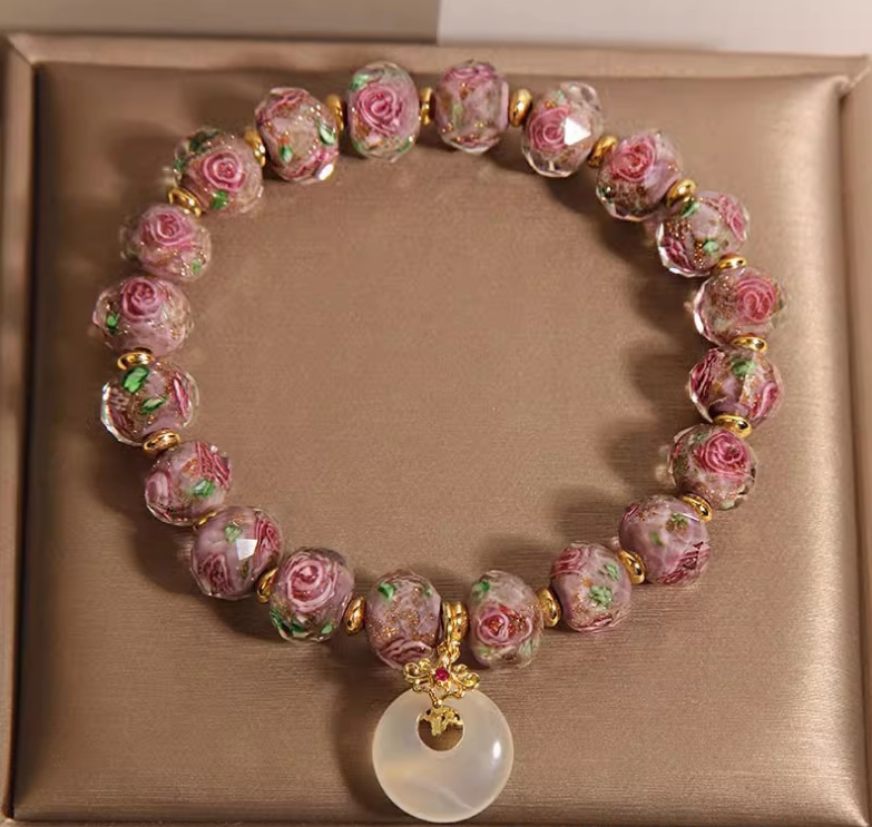 New Chinese style glass bracelet, safety buckle, rose glass bracelet