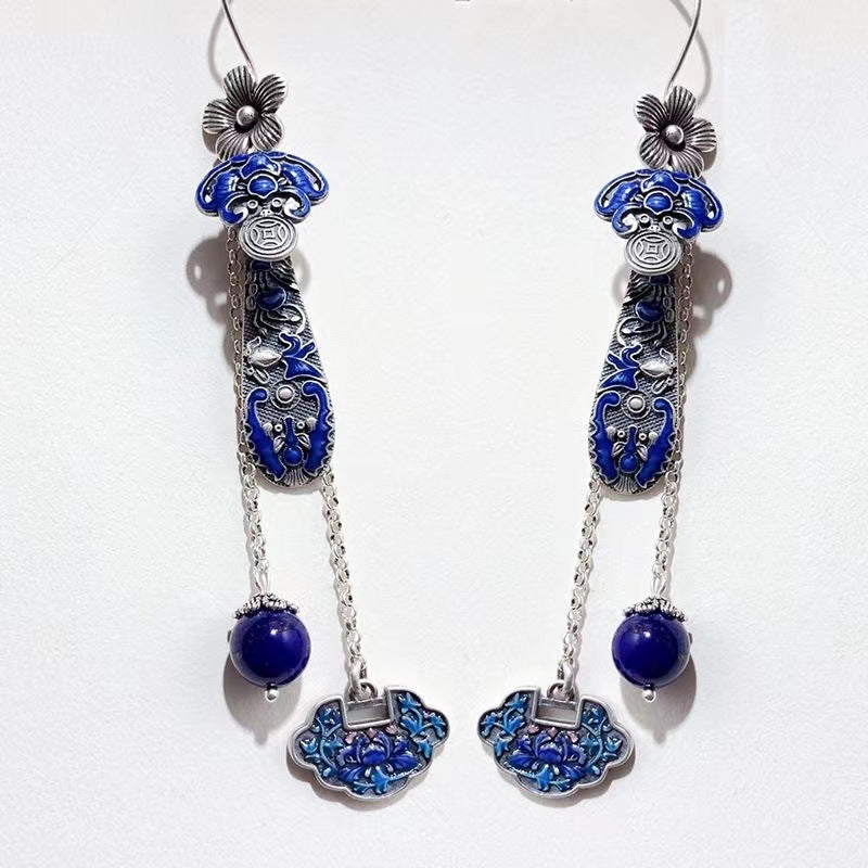 2025 Hanfu Cotton and Hemp Accessories Enamel Silver Ruyi Earrings Long Style Lapis lazuli
