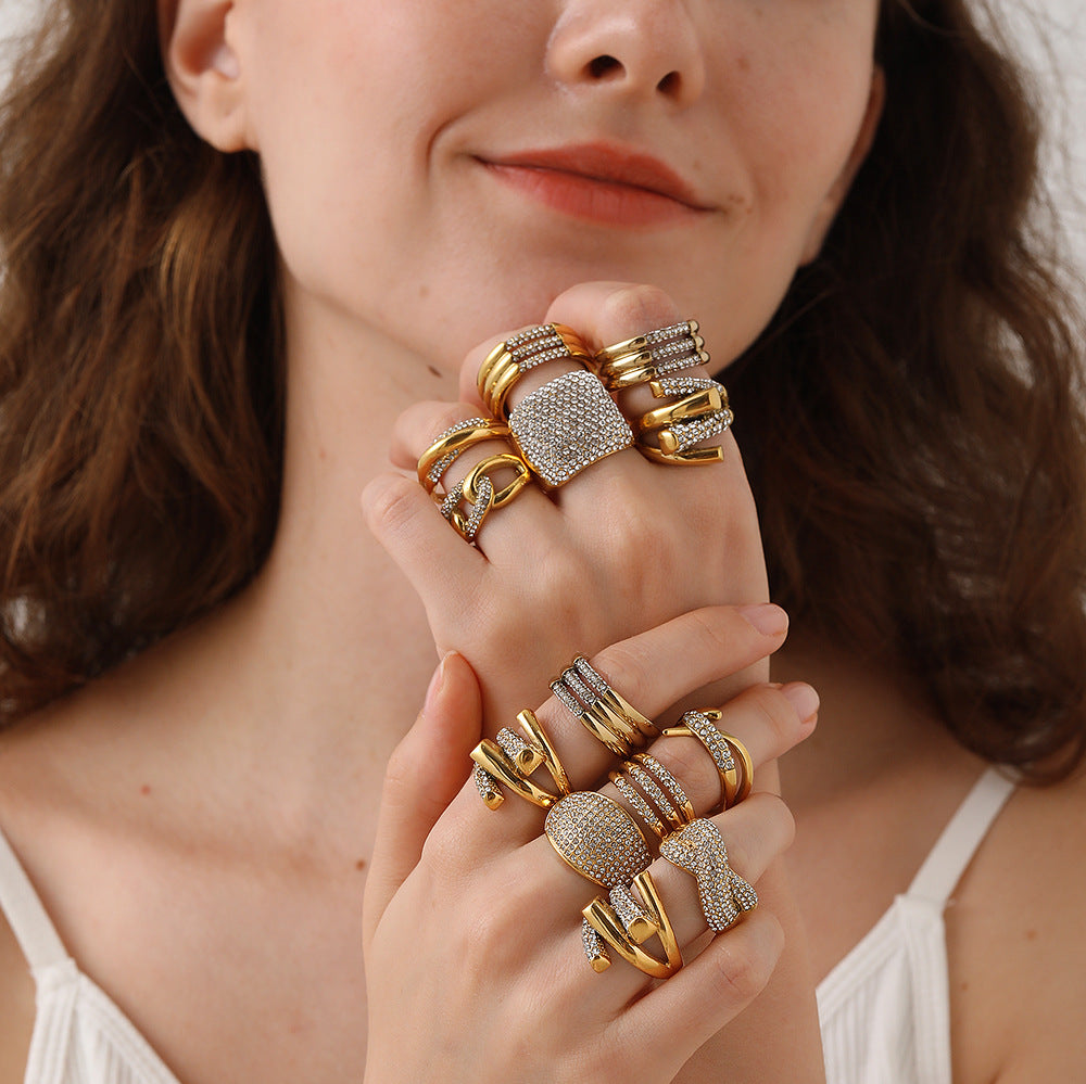 European and American Instagram influencer's multi-layer ring plated with 18K gold and inlaid with rhinestones, the ring will not fade