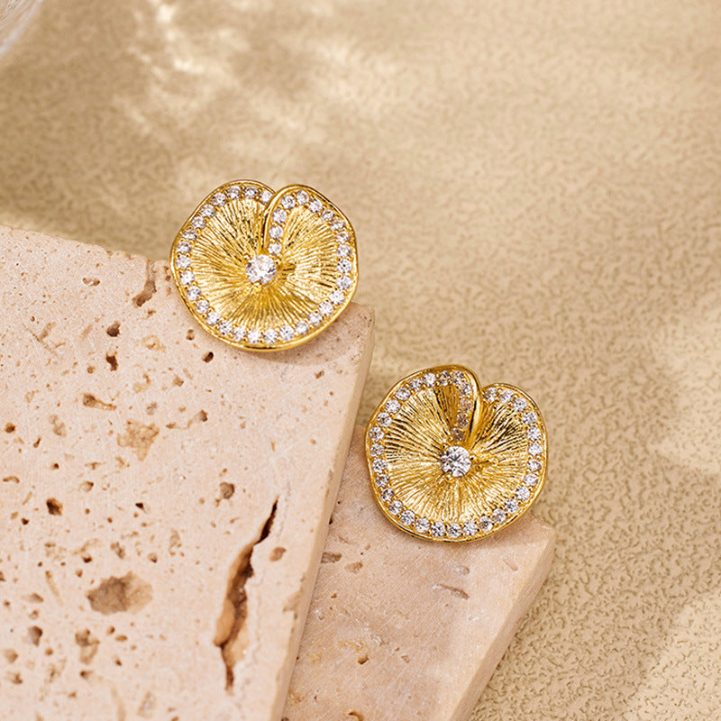 Italian brushed craftsmanship S925 pure silver lotus leaf pleated texture earrings with high-end temperament