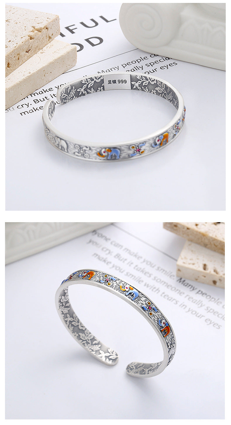 S999 pure silver matte craftsmanship auspicious auspicious elephant dropper pattern inner circle heavy industry design exquisite bracelet
