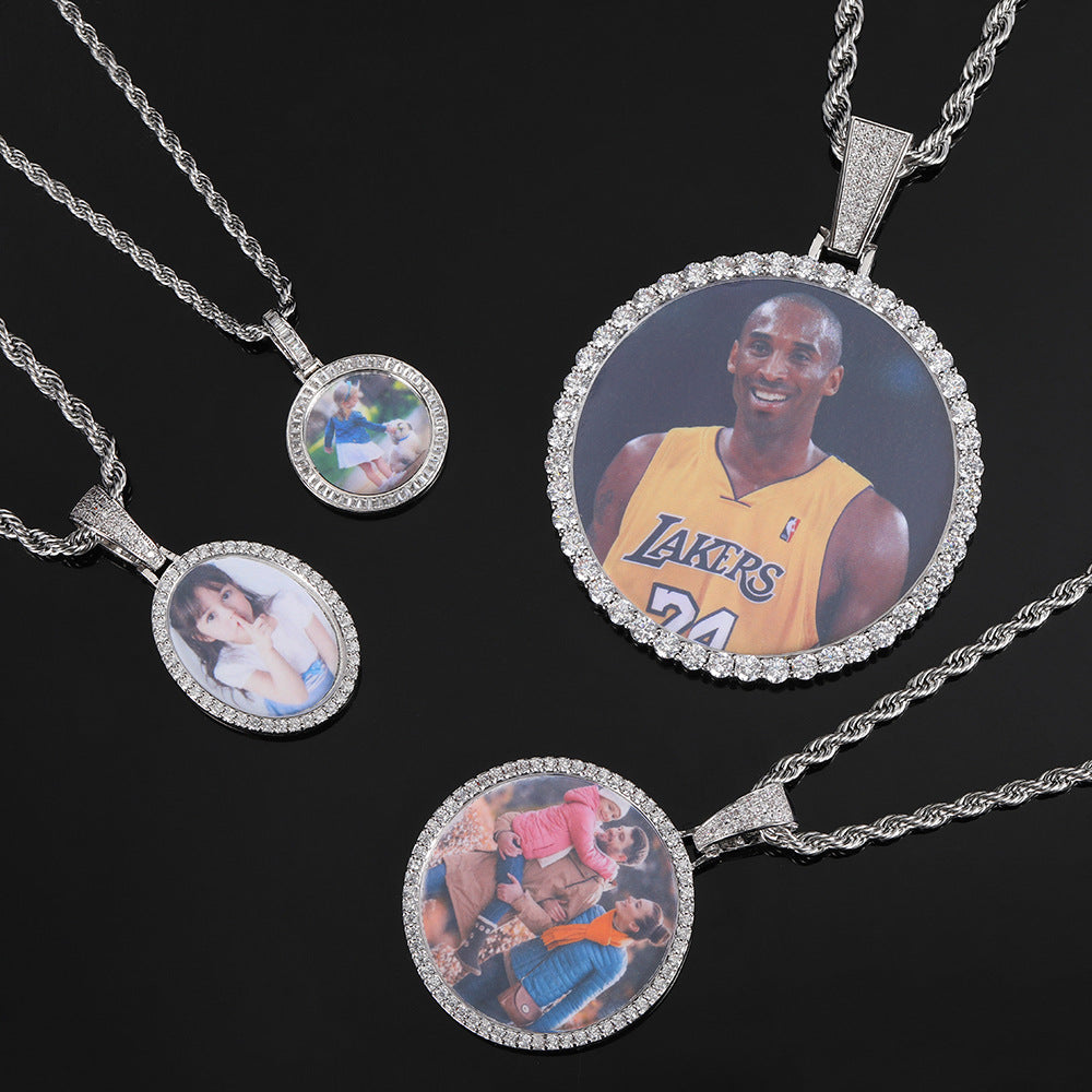 Hip hop S925 sterling silver moissanite round photo frame pendant, personalized accessory, men's necklace