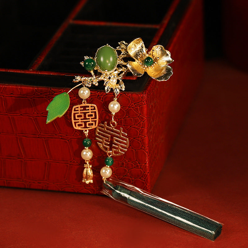 New Chinese style headwear, green bamboo hairpin, phoenix hairpin necklace, earrings, paired hairpin, swaying step by step