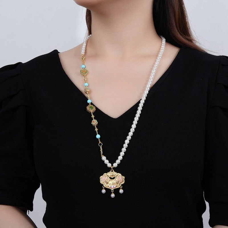 Shi Jiabei Pearl, Ancient Style, Blue Color, Ruyi Lock Pendant, Sand Gold Accessories, Necklace, Pearl Necklace