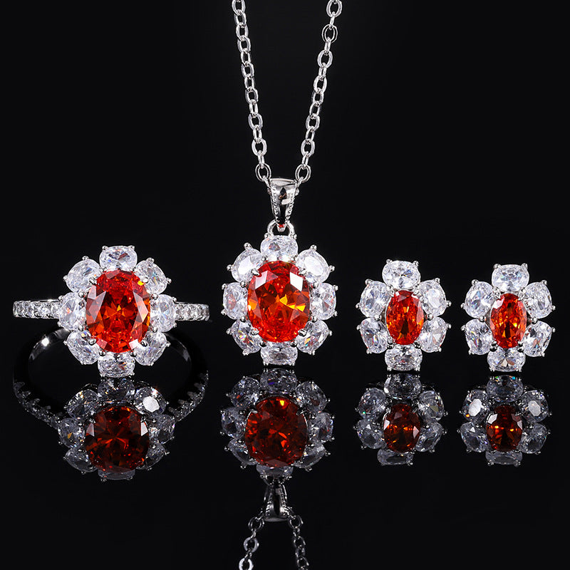 Jewelry new S925 all body silver set simulation orange red small pigeon egg pendant main 7 * 9-4 * 6