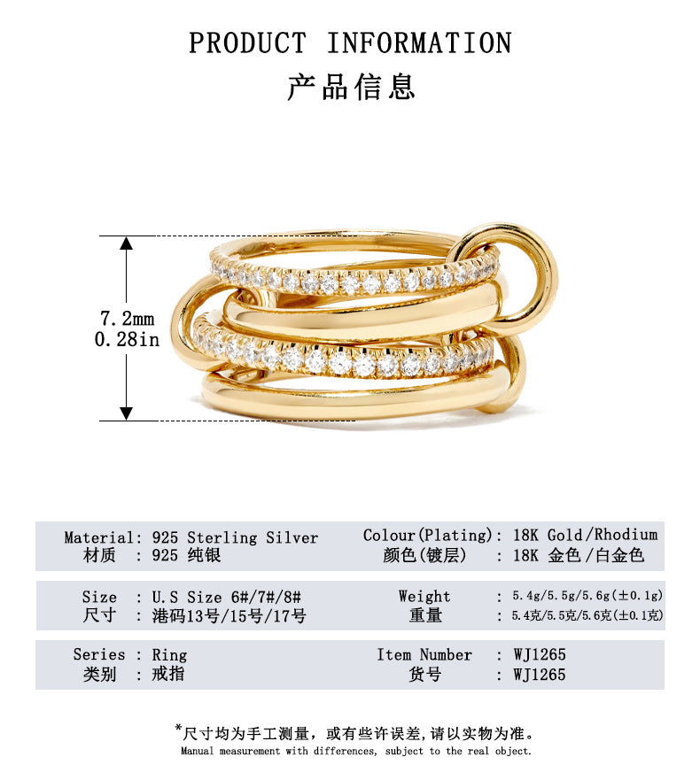 Fashion jewelry S925 pure silver four ring interlocking diamond ring with personalized design sense ring