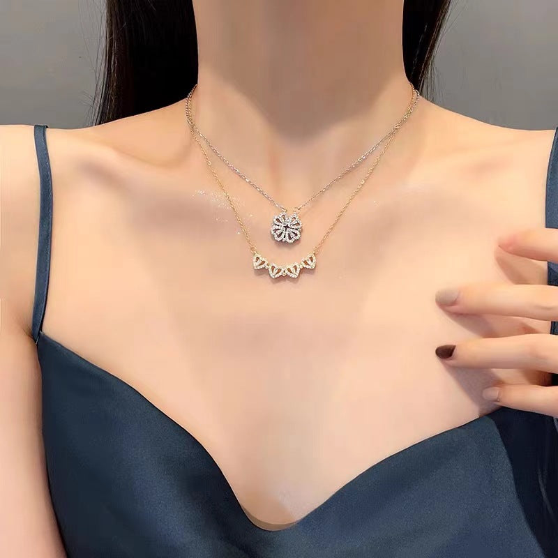S925 pure silver heart-shaped clover necklace with flowers full of diamonds, light luxury style collarbone chain, a two piece jewelry