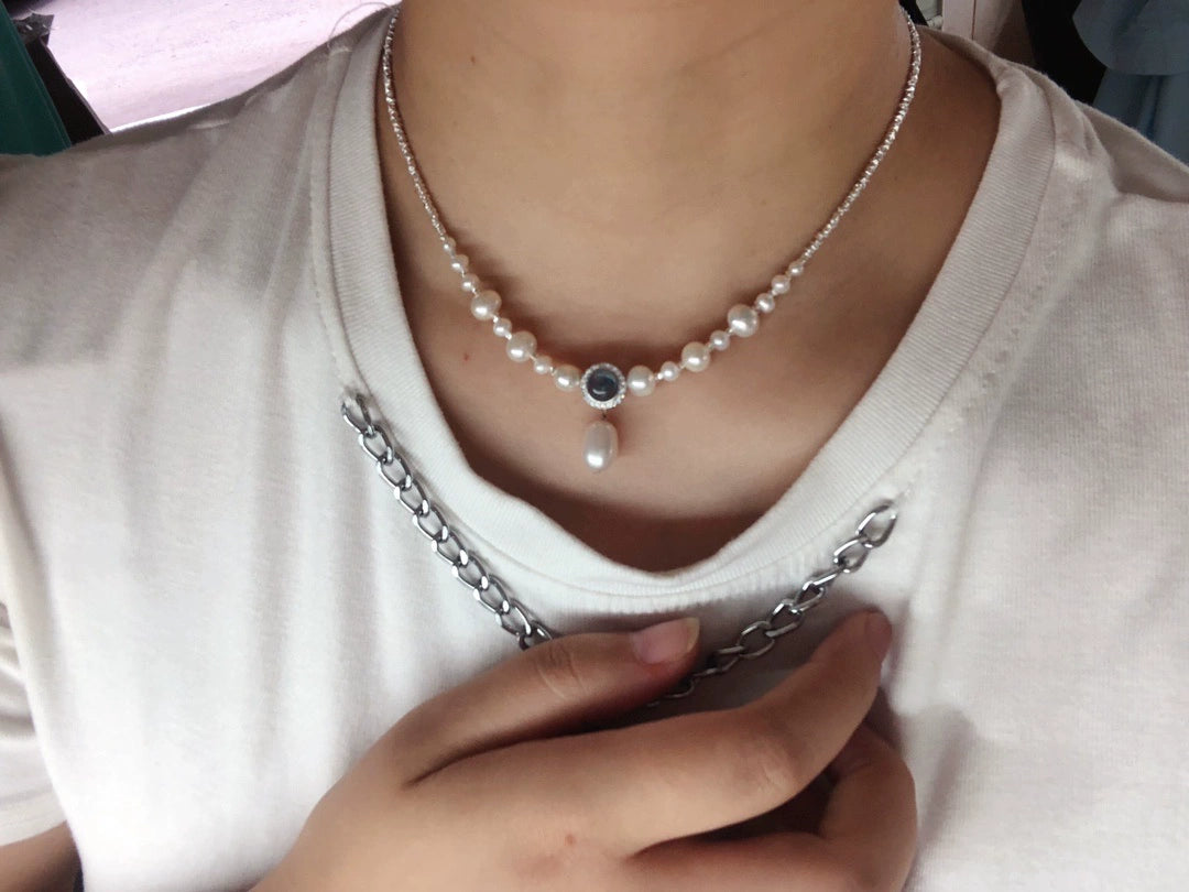 S925 pure silver necklace, aquamarine pendant accessory, natural freshwater pearl collarbone chain