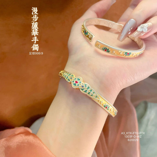 999.9 New Chinese style Palace Lotus Ruyi Bracelet with Gold Inscription and Enamel Color Opening Bracelet