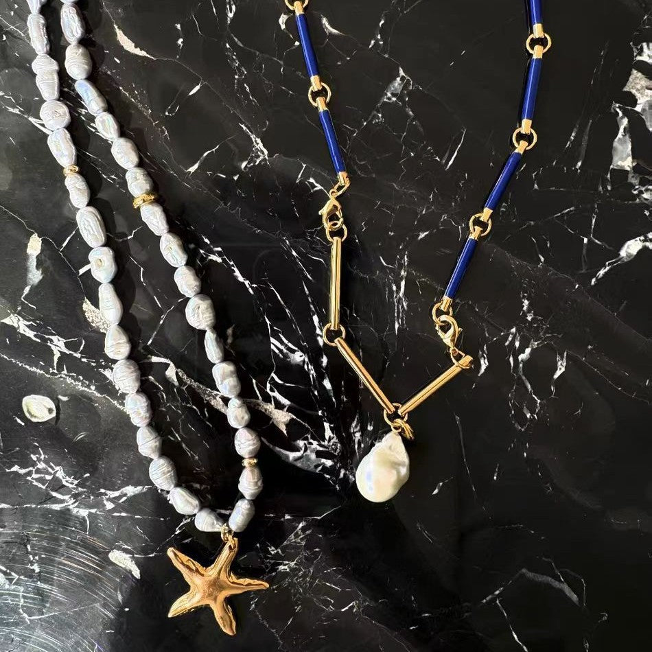 Summer vacation style blue starfish necklace, women's commuting bamboo necklace, simple and versatile, imitation Baroque pearl pendant