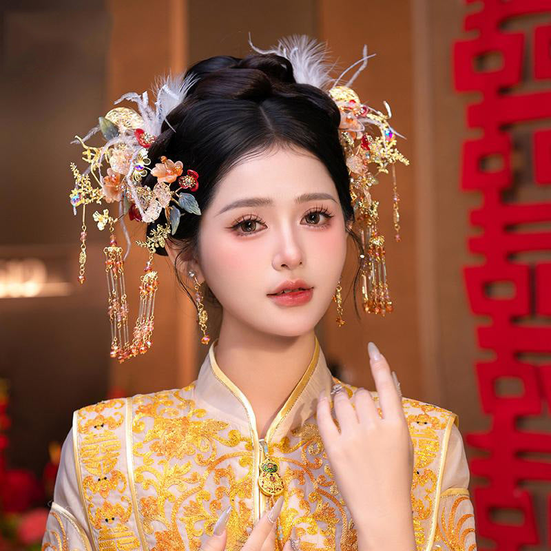 New Chinese style Xiuhe headwear, simple gold hairpin necklace set, hair accessories, fashionable accessories