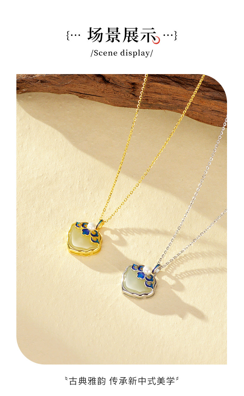 Blue and white porcelain baking varnish wishful item S925 sterling silver natural Hotan Jade pendant advanced clavicle chain