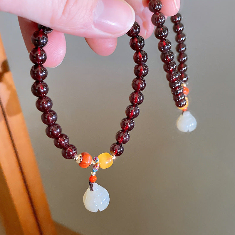 Bracelet Hetian Jade Lotus Garnet Bearwax Bear Elastic Bracelet