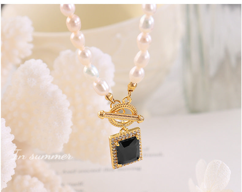 French freshwater pearl collarbone chain zircon starry square pendant necklace versatile titanium steel jewelry