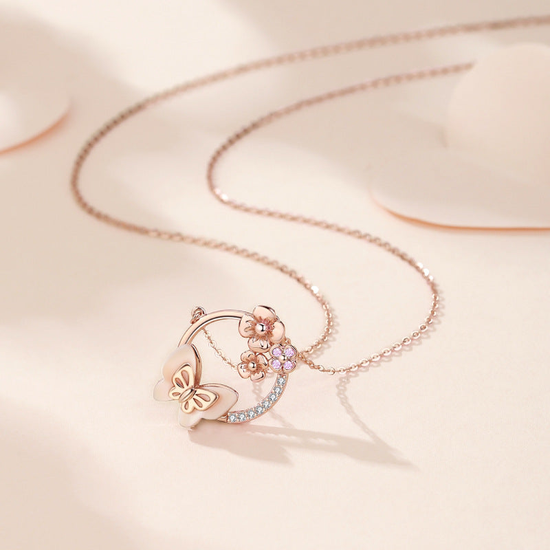 S925 Silver New Product Natural Powder Mother Shell Flower Spirit Butterfly Dream Necklace Clavicular Chain Women's Jewelry