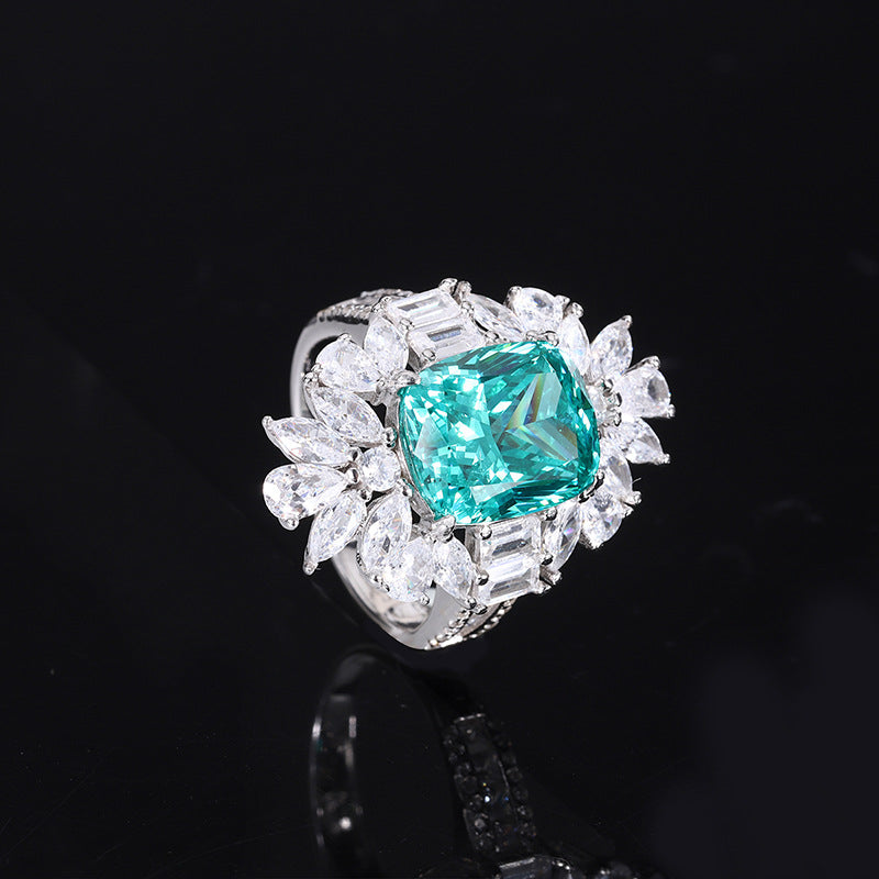 S925 Full body Silver Colored Jewelry Simulation Tourmaline Paraiba Bikou Handmade Ring 10 * 12