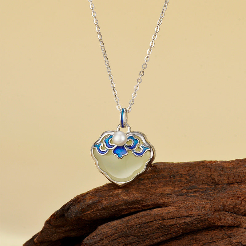 Blue and white porcelain baking varnish wishful item S925 sterling silver natural Hotan Jade pendant advanced clavicle chain