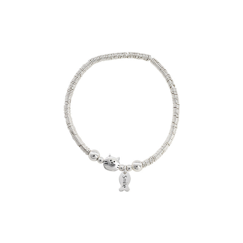 Simple bead sterling silver small plate wrapped with cat and fish bracelet, versatile and exquisite bracelet