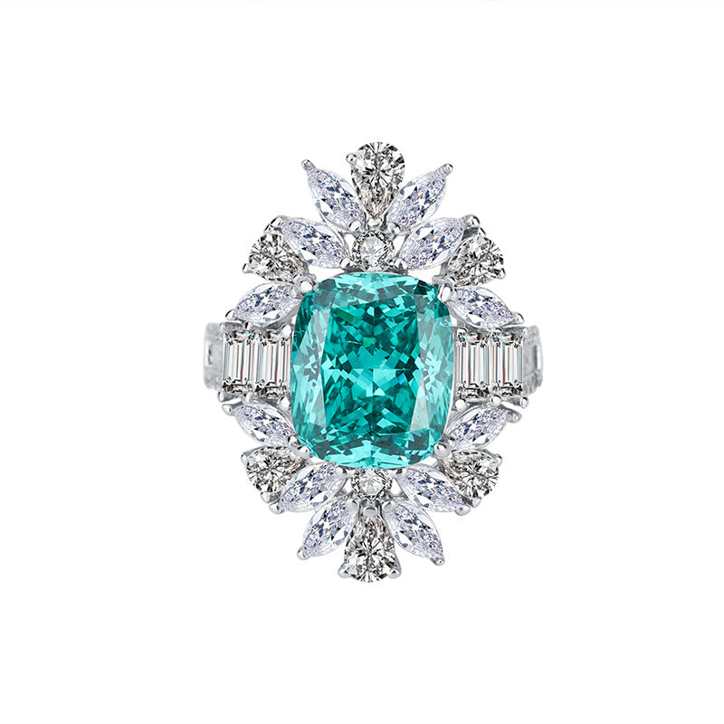 S925 Full body Silver Colored Jewelry Simulation Tourmaline Paraiba Bikou Handmade Ring 10 * 12