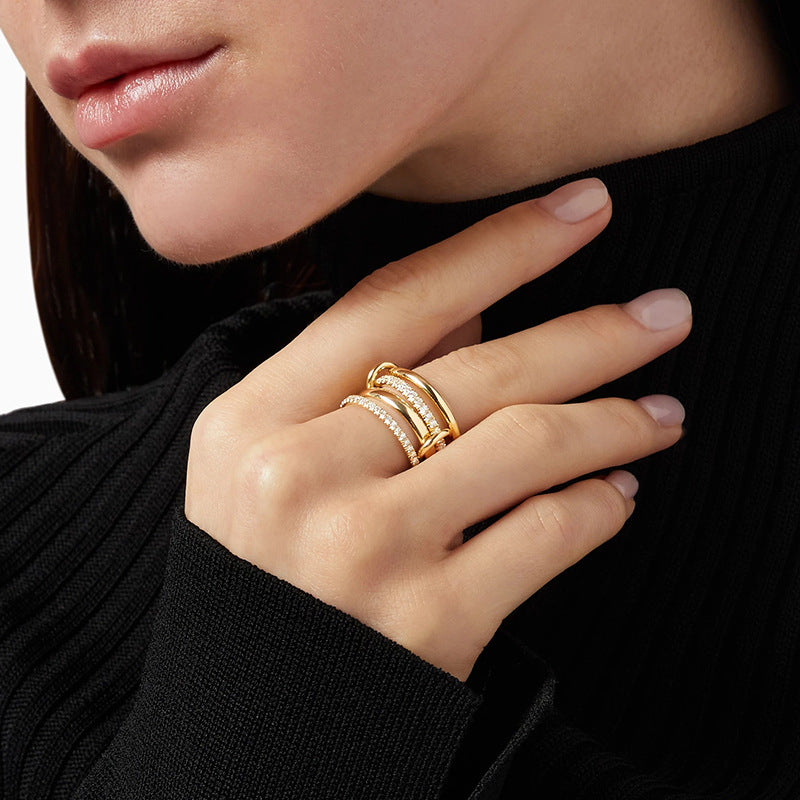 Fashion jewelry S925 pure silver four ring interlocking diamond ring with personalized design sense ring