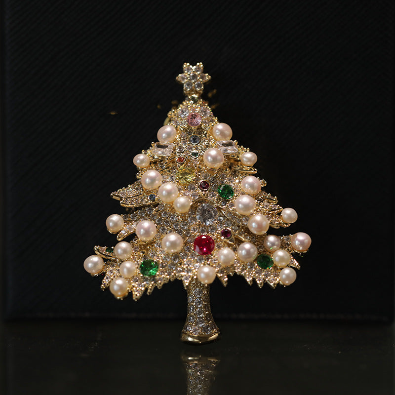 Original natural pearl copper zircon Christmas tree chest flower brooch Christmas gift