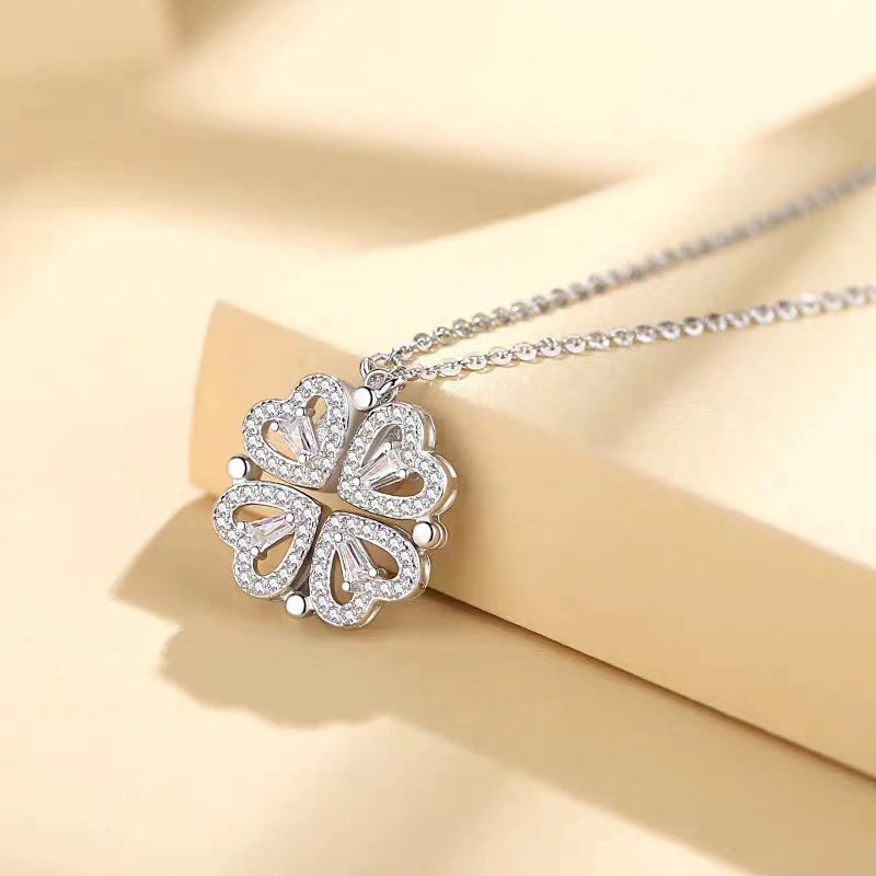 S925 pure silver heart-shaped clover necklace with flowers full of diamonds, light luxury style collarbone chain, a two piece jewelry