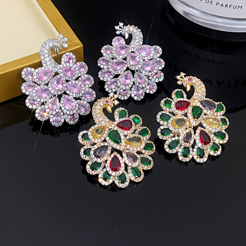 Fashionable and atmospheric heavy industry earrings hot selling micro inlaid zircon peacock earrings fashionable earrings