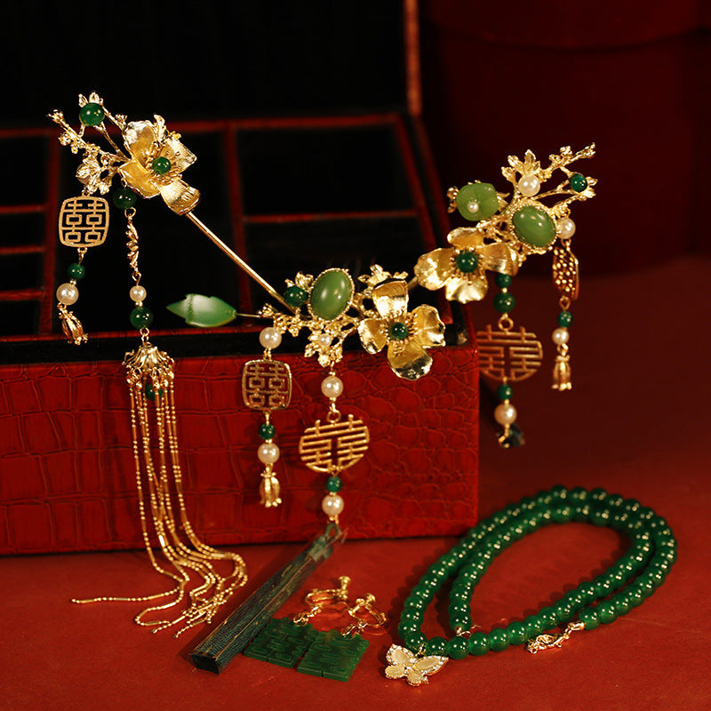 New Chinese style headwear, green bamboo hairpin, phoenix hairpin necklace, earrings, paired hairpin, swaying step by step