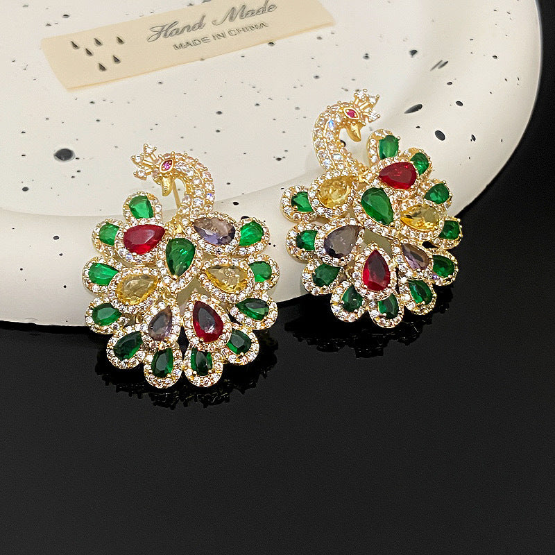 Fashionable and atmospheric heavy industry earrings hot selling micro inlaid zircon peacock earrings fashionable earrings