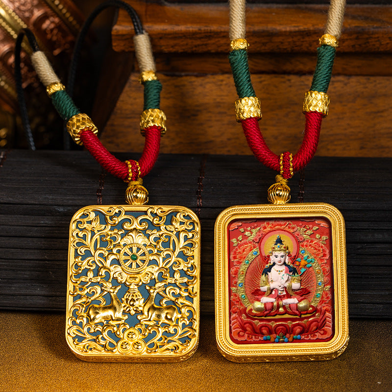 Green Tara Zakhilam Fifth Master's Past and Present Lives Necklace Hand drawn Tangka Brass Necklace