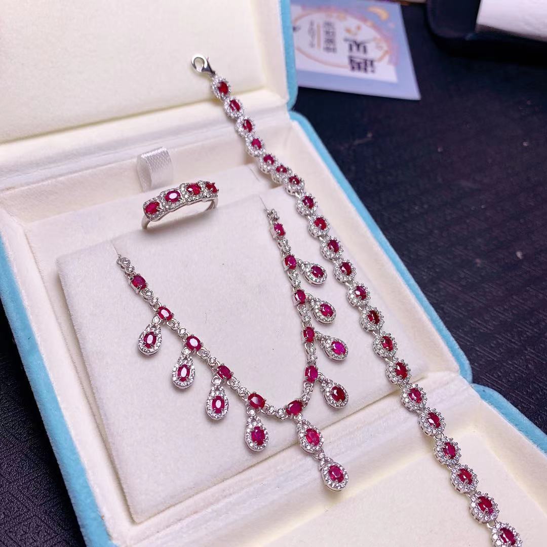 Natural Pigeon Blood Ruby Set Full Body 925 Silver Inlaid Charm Color Gemstone Jewelry