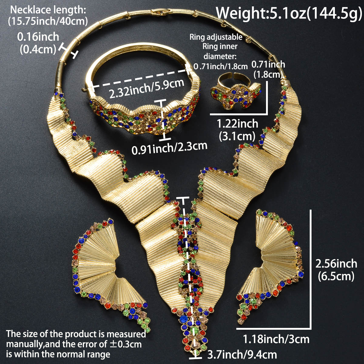 Dubai 18K Gold Plated Middle Eastern Fashion Necklace+Bracelet+Earrings+Ring Set