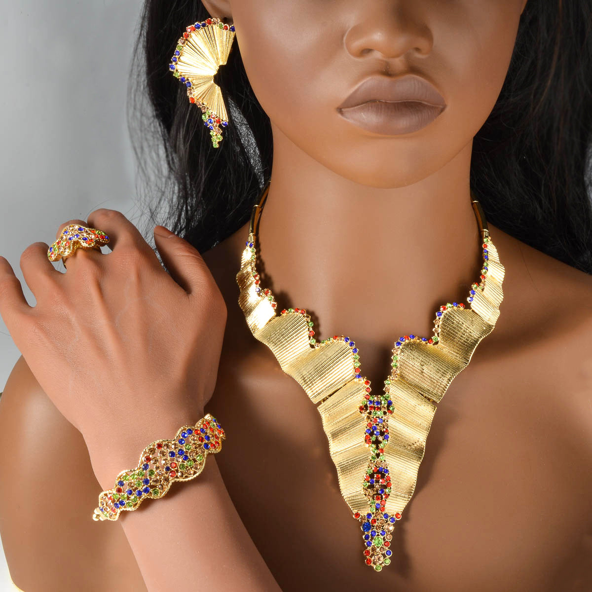 Dubai 18K Gold Plated Middle Eastern Fashion Necklace+Bracelet+Earrings+Ring Set