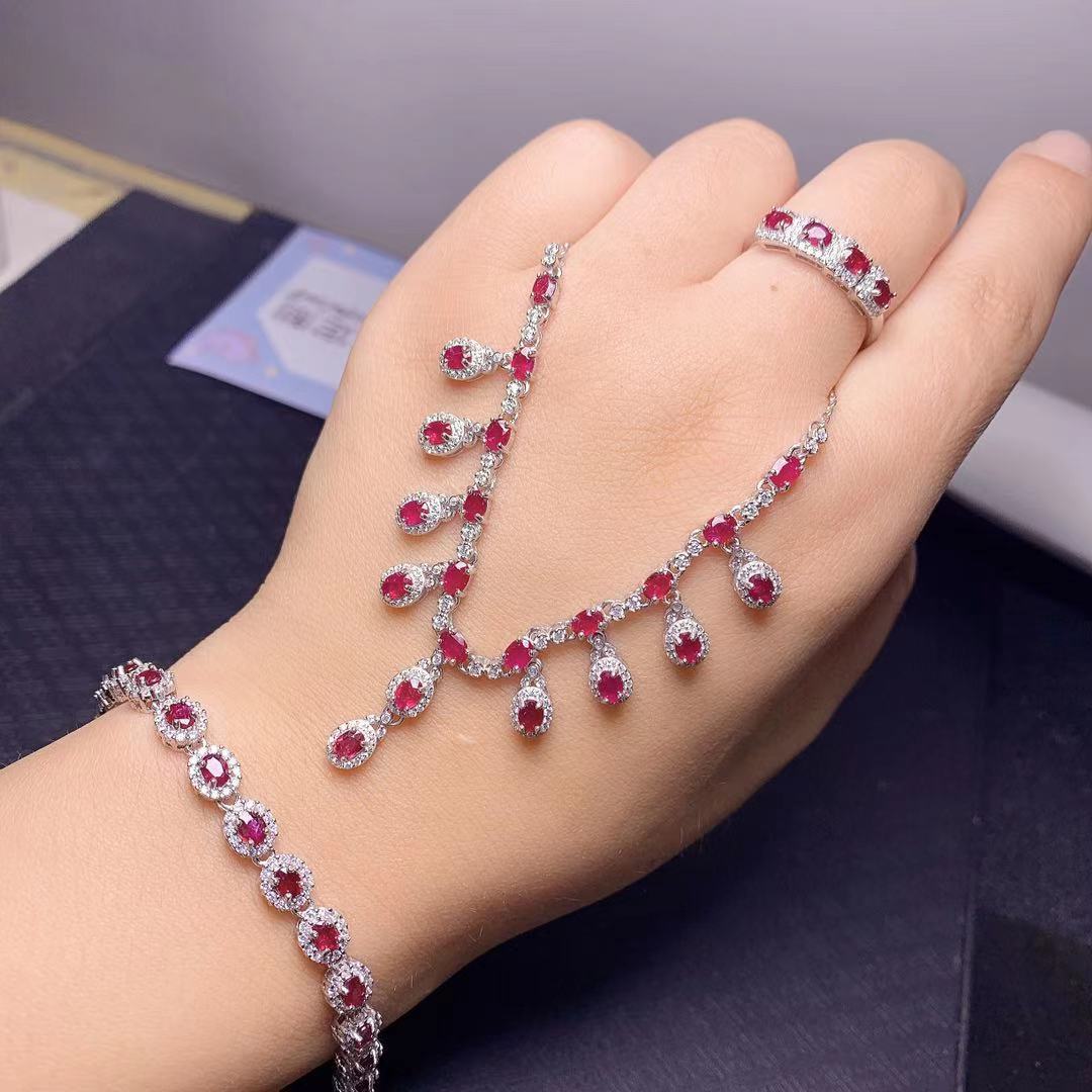 Natural Pigeon Blood Ruby Set Full Body 925 Silver Inlaid Charm Color Gemstone Jewelry