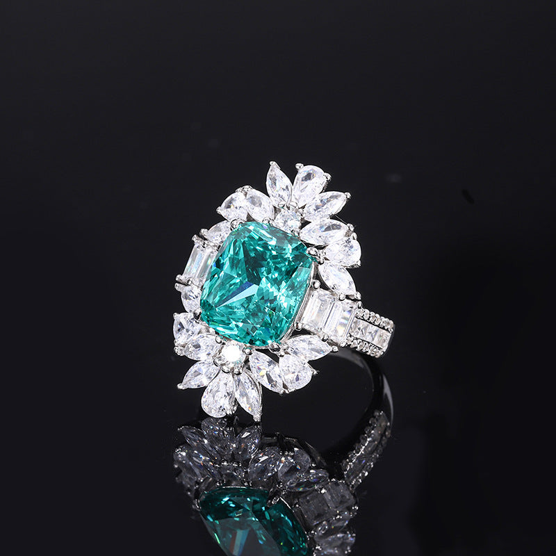 S925 Full body Silver Colored Jewelry Simulation Tourmaline Paraiba Bikou Handmade Ring 10 * 12