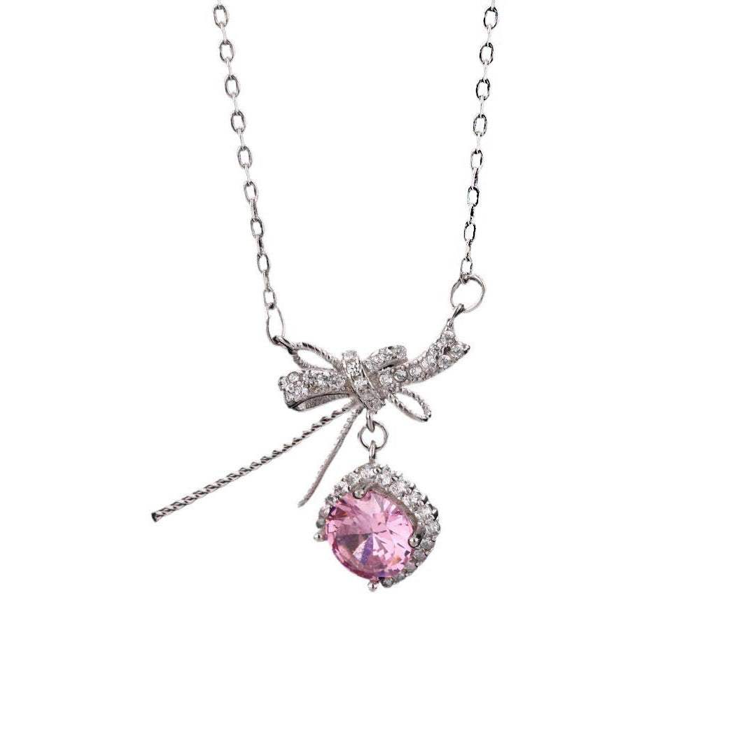 S925 pure silver romantic bow pink zircon necklace exquisite, light luxury, high-end feeling chain