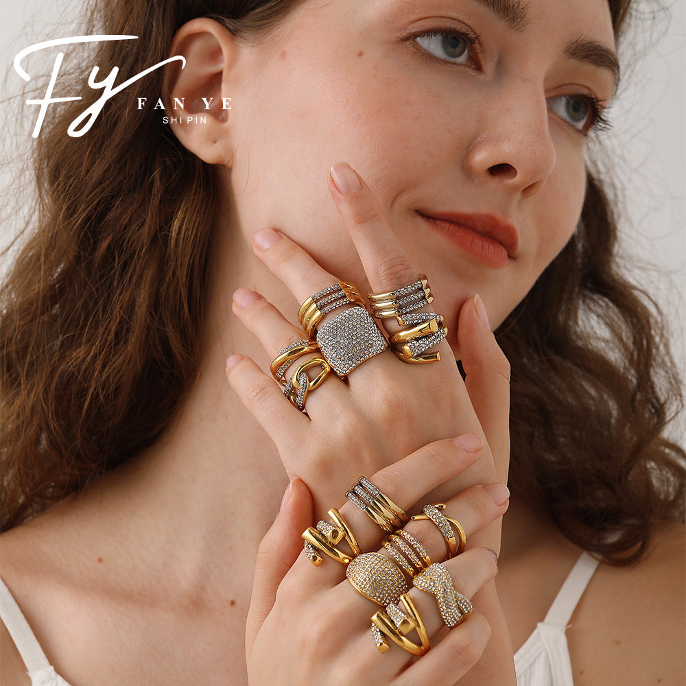 European and American Instagram influencer's multi-layer ring plated with 18K gold and inlaid with rhinestones, the ring will not fade