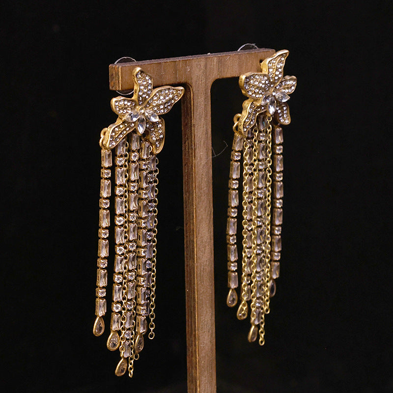 European and American exaggerated full diamond flower earrings, mid-century light luxury, vintage earrings, crystal star tassel earrings
