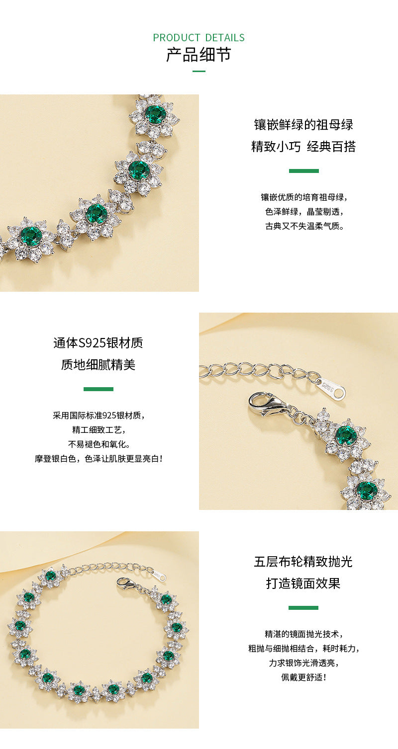S925 pure silver full diamond cultivated emerald versatile women's bracelet trendy and versatile