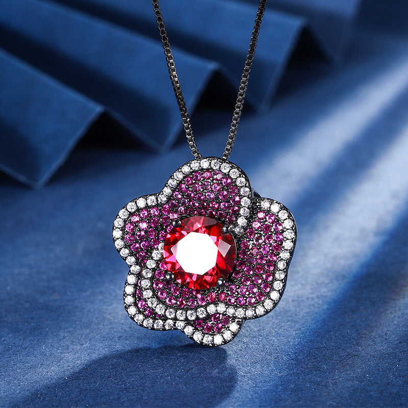 earrings New jewelry gold-plated copper base simulated red corundum flower black gold set