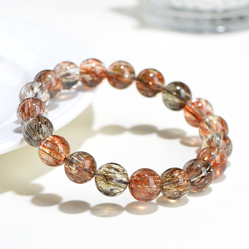 Jiuya Crystal Natural 7A Grade Straight Hair Black Gold Super Seven Round Bead Bracelet