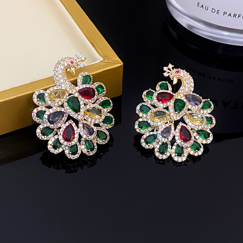 Fashionable and atmospheric heavy industry earrings hot selling micro inlaid zircon peacock earrings fashionable earrings