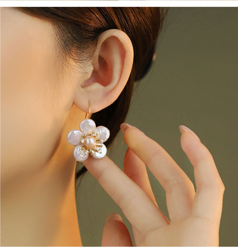 Natural Baroque Pearl Earrings, Simple Style Earrings S925 Silver Needle Flower Earrings