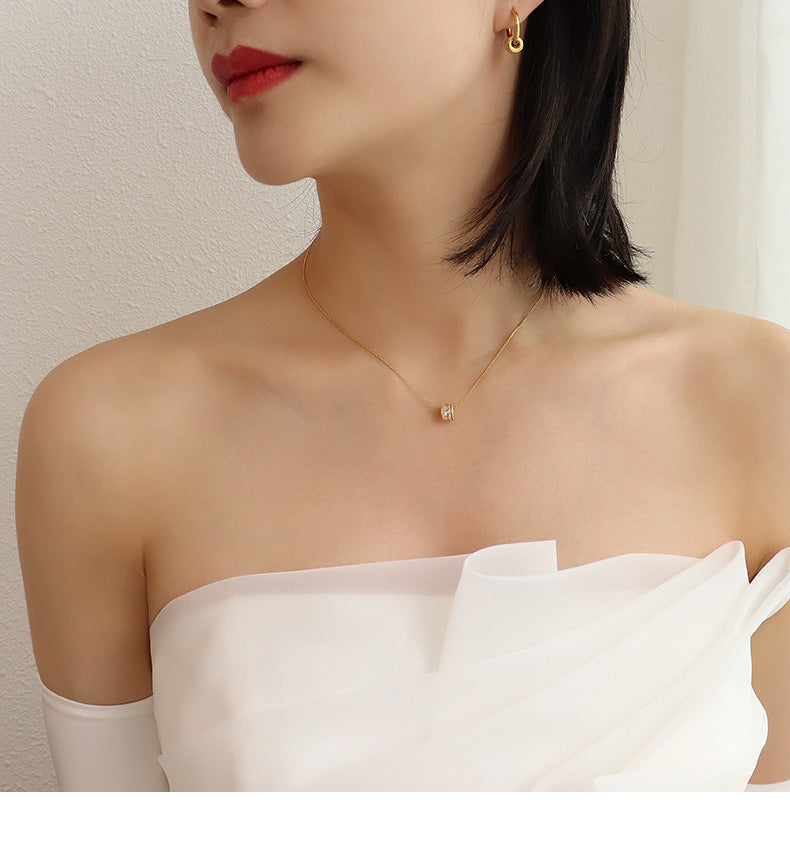 French style diamond studded geometric minimalist earrings titanium steel plated 18K gold versatile necklace set