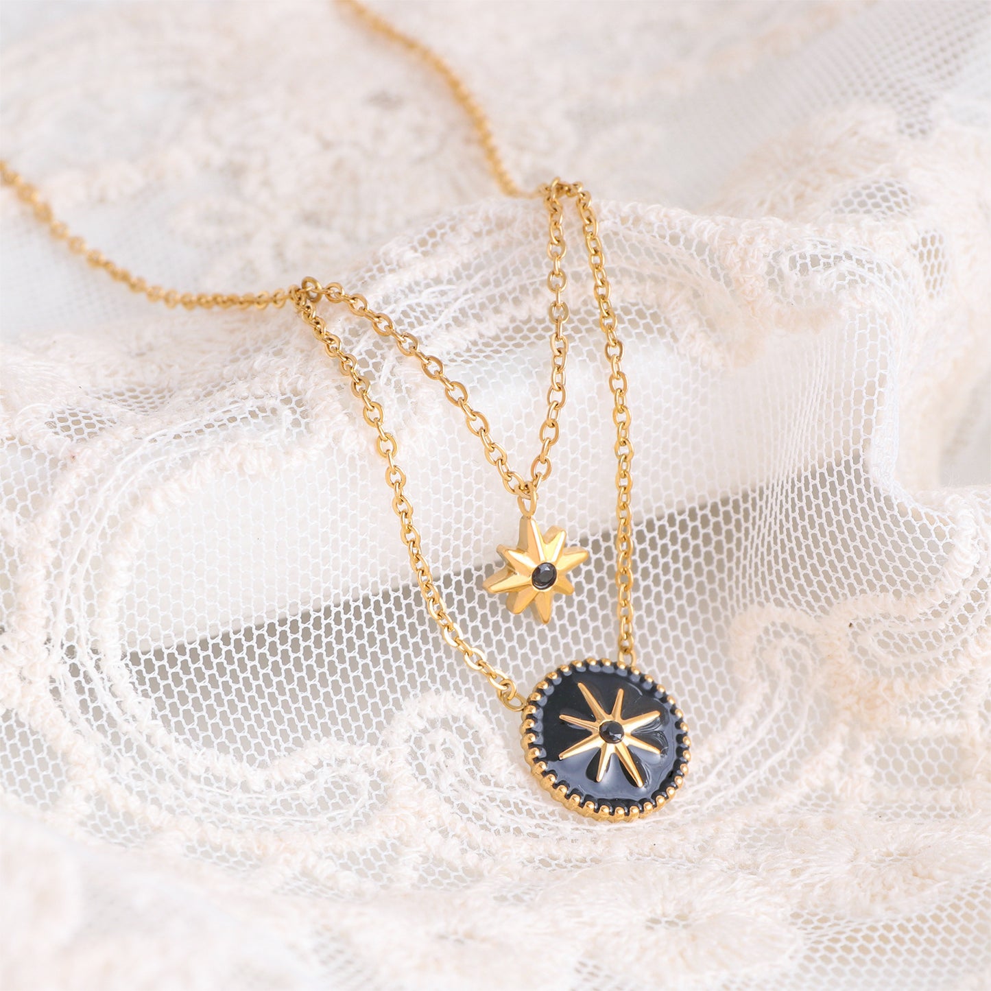 Titanium steel necklace, compass, eight pointed star necklace, Roman retro style, double-layer layered collarbone chain