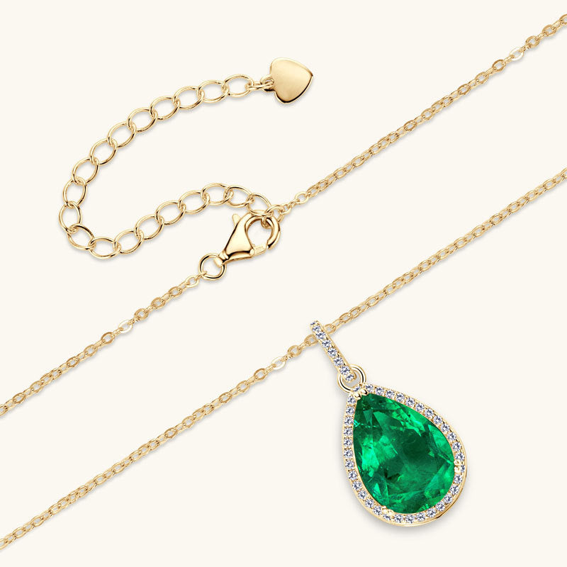 Water droplet emerald necklace for girls with high-end design, collarbone chain S925 pure silver plated with gold pendant