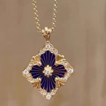 Necklace Opera House Series Four-leaf Clover Palace Retro Brushed Diamond Enamel Pendant