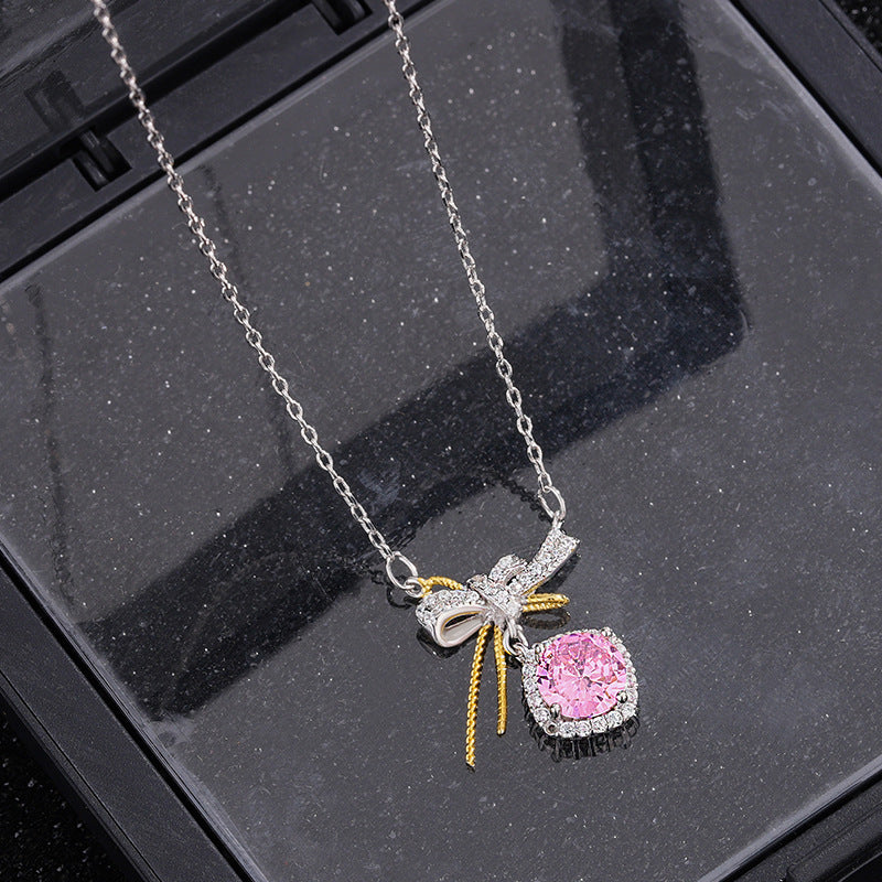 S925 pure silver romantic bow pink zircon necklace exquisite, light luxury, high-end feeling chain